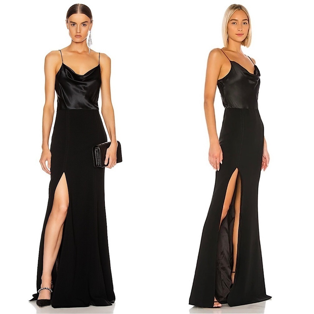 CINQ A SEPT Silk Satin Bodice Crepe Skirt Sleeveless Draped Neck Leg Slit Gown 6